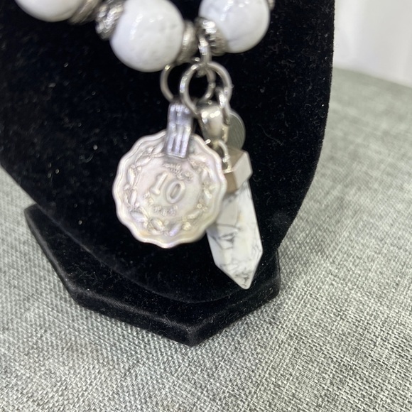 Unisex Howlite Gemstone Bracelet With Howlite Pendent and Silver Coin W/ Charm. - Picture 6 of 12